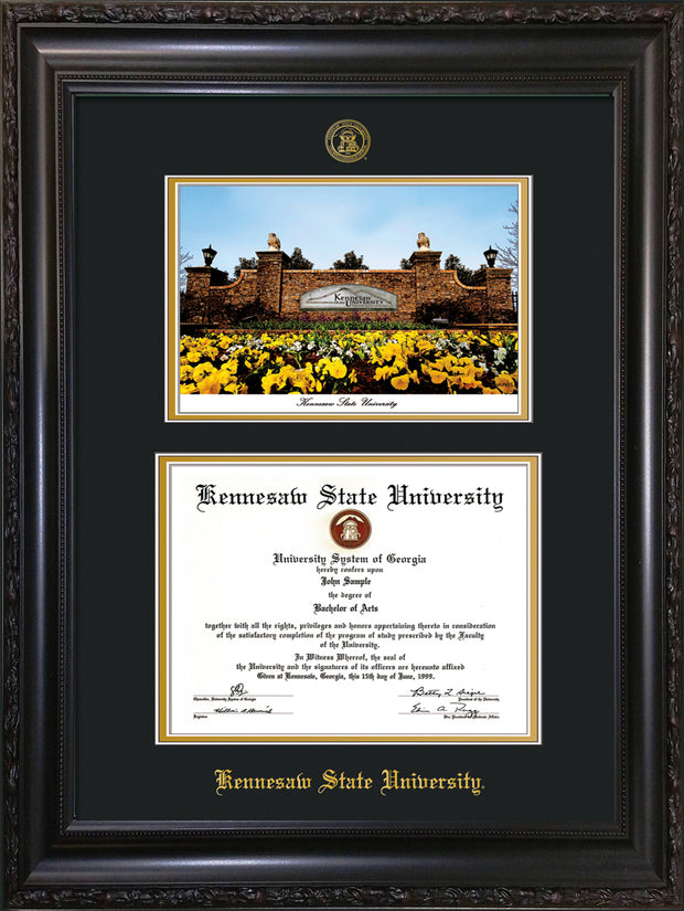 Image of Kennesaw State University Diploma Frame - Vintage Black Scoop - with KSU Seal - Campus Watercolor - Black on Gold mat