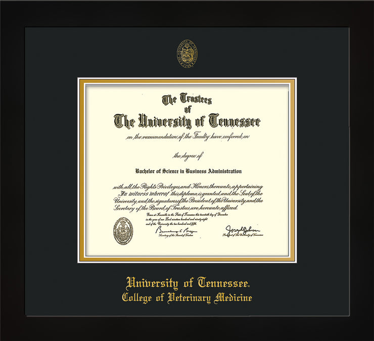 Image of University of Tennessee Diploma Frame - Flat Matte Black - w/UT Seal & College of Veterinary Medicine Name Embossing - Black on Gold Mat