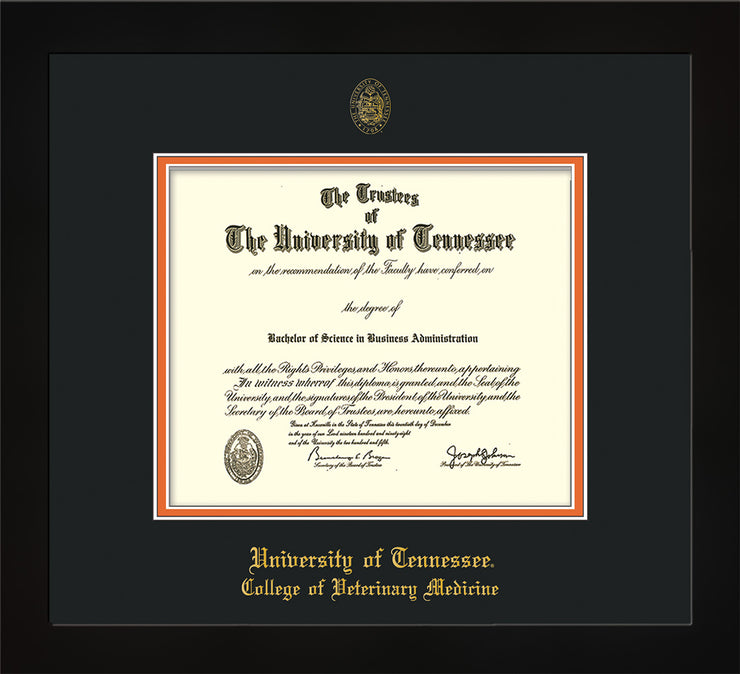Image of University of Tennessee Diploma Frame - Flat Matte Black - w/UT Seal & College of Veterinary Medicine Name Embossing - Black on Orange Mat