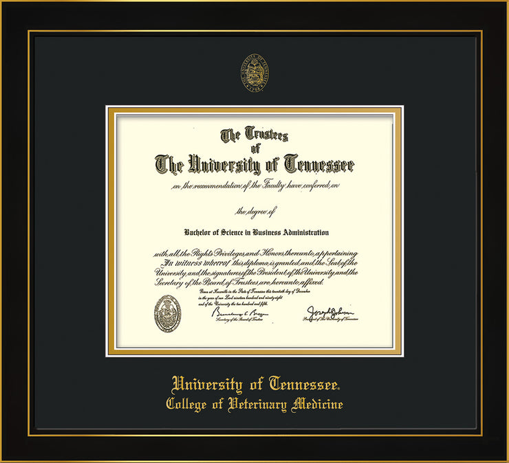 Image of University of Tennessee Diploma Frame - Honors Black Satin - w/UT Seal & College of Veterinary Medicine Name Embossing - Black on Gold Mat