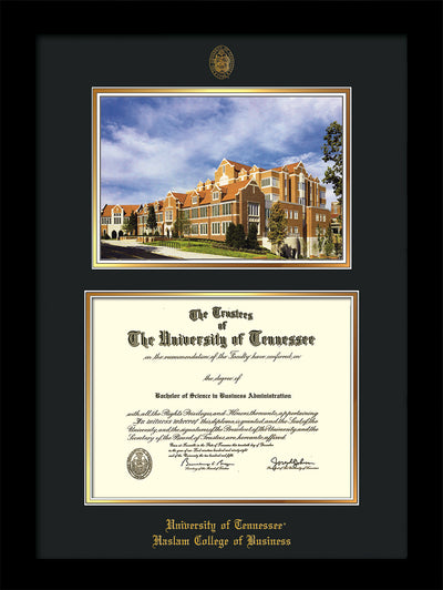 Image of University of Tennessee Haslam College of Business Diploma Frame - Flat Matte Black - w/UT Embossed Seal & UTHAS Name - Campus Watercolor - Black on Gold Mat