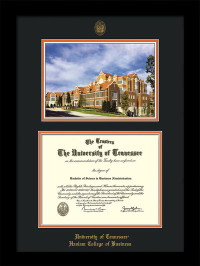 Image of University of Tennessee Haslam College of Business Diploma Frame - Flat Matte Black - w/UT Embossed Seal & UTHAS Name - Campus Watercolor - Black on Orange Mat