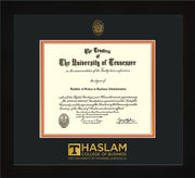 Image of University of Tennessee Haslam College of Business Diploma Frame - Flat Matte Black - w/UT Embossed Seal & UTHAS Wordmark - Black on Orange Mat