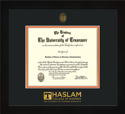 Image of University of Tennessee Haslam College of Business Diploma Frame - Flat Matte Black - w/UT Embossed Seal & UTHAS Wordmark - Black on Orange Mat