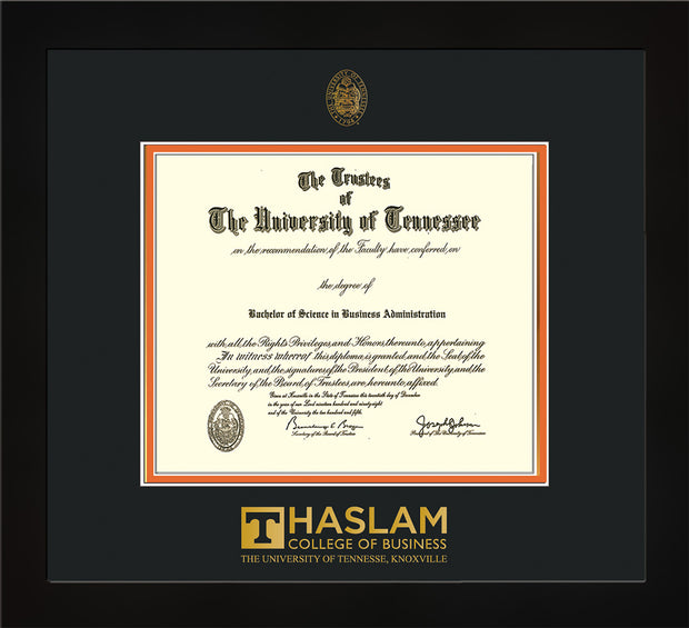 Image of University of Tennessee Haslam College of Business Diploma Frame - Flat Matte Black - w/UT Embossed Seal & UTHAS Wordmark - Black on Orange Mat