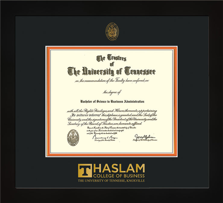 Image of University of Tennessee Haslam College of Business Diploma Frame - Flat Matte Black - w/UT Embossed Seal & UTHAS Wordmark - Black on Orange Mat