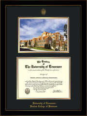 Image of University of Tennessee Haslam College of Business Diploma Frame - Honors Black Satin - w/UT Embossed Seal & UTHAS Name - Campus Watercolor - Black on Gold Mat
