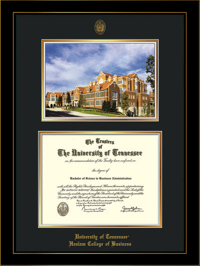 Image of University of Tennessee Haslam College of Business Diploma Frame - Honors Black Satin - w/UT Embossed Seal & UTHAS Name - Campus Watercolor - Black on Gold Mat