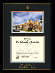 Image of University of Tennessee Haslam College of Business Diploma Frame - Honors Black Satin - w/UT Embossed Seal & UTHAS Name - Campus Watercolor - Black on Orange Mat