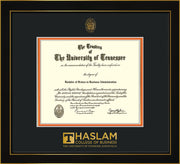 Image of University of Tennessee Haslam College of Business Diploma Frame - Honors Black Satin - w/UT Embossed Seal & UTHAS Wordmark - Black on Orange Mat