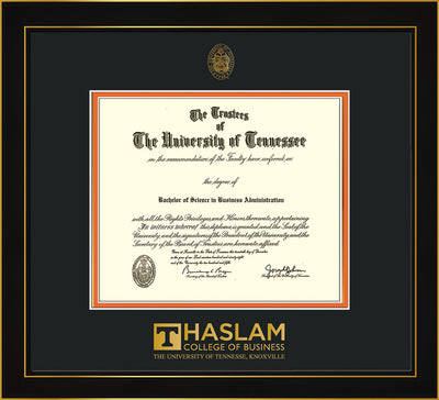 Image of University of Tennessee Haslam College of Business Diploma Frame - Honors Black Satin - w/UT Embossed Seal & UTHAS Wordmark - Black on Orange Mat