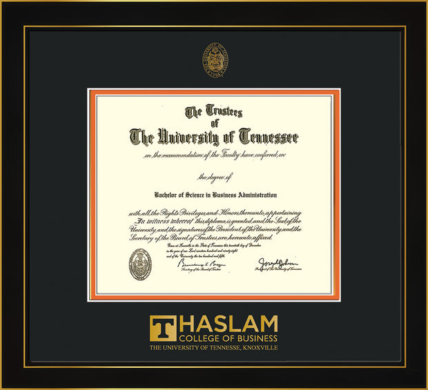 Image of University of Tennessee Haslam College of Business Diploma Frame - Honors Black Satin - w/UT Embossed Seal & UTHAS Wordmark - Black on Orange Mat