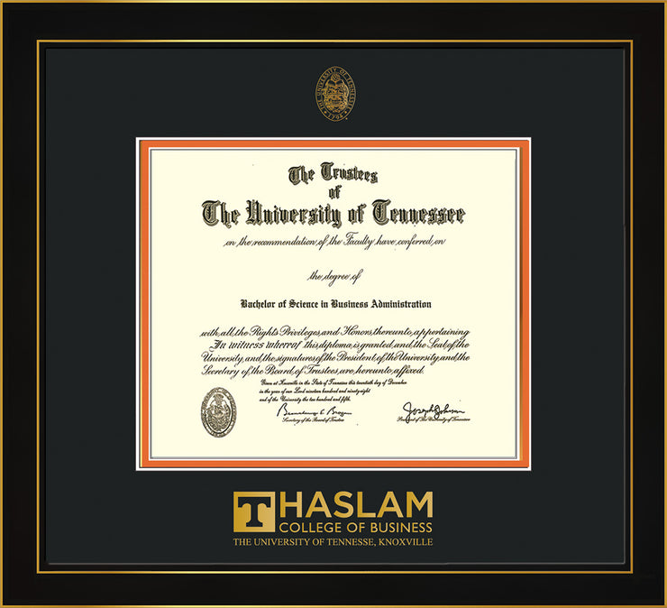 Image of University of Tennessee Haslam College of Business Diploma Frame - Honors Black Satin - w/UT Embossed Seal & UTHAS Wordmark - Black on Orange Mat