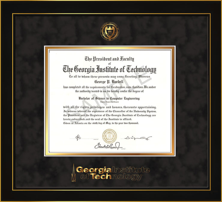 Image of Georgia Tech Diploma Frame - Honors Black Satin - w/Embossed Seal & Wordmark - Black Suede on Gold Mat