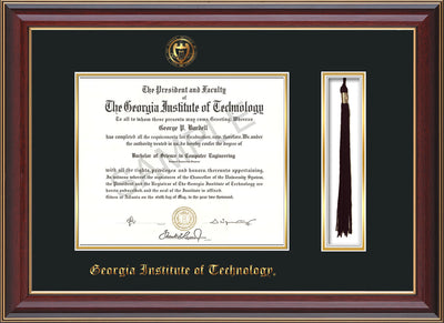 Image of Georgia Tech Diploma Frame - Cherry Lacquer - w/Embossed Seal & Name - Tassel Holder - Black on Gold Mat