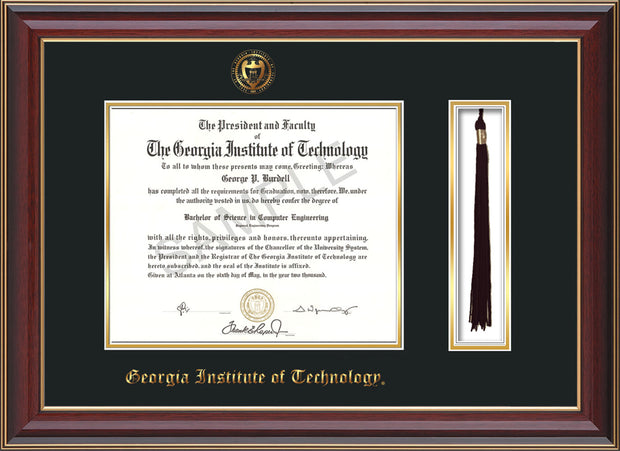 Image of Georgia Tech Diploma Frame - Cherry Lacquer - w/Embossed Seal & Name - Tassel Holder - Black on Gold Mat