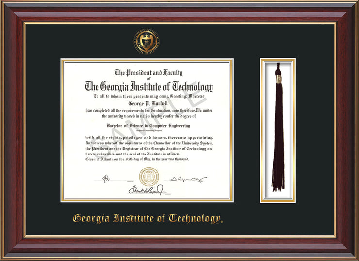 Image of Georgia Tech Diploma Frame - Cherry Lacquer - w/Embossed Seal & Name - Tassel Holder - Black on Gold Mat