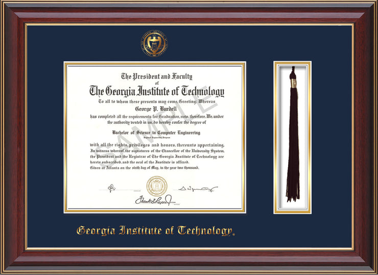 Image of Georgia Tech Diploma Frame - Cherry Lacquer - w/Embossed Seal & Name - Tassel Holder - Navy on Gold Mat