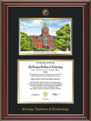 Image of Georgia Tech Diploma Frame - Cherry Lacquer - w/Embossed GT Seal & Name - w/Campus Watercolor - Black on Gold mat