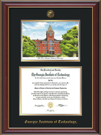 Image of Georgia Tech Diploma Frame - Cherry Lacquer - w/Embossed GT Seal & Name - w/Campus Watercolor - Black on Gold mat