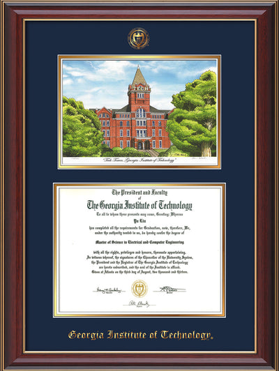 Image of Georgia Tech Diploma Frame - Cherry Lacquer - w/Embossed GT Seal & Name - w/Campus Watercolor - Navy on Gold mat
