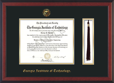 Image of Georgia Tech Diploma Frame - Cherry Reverse - w/Embossed Seal & Name - Tassel Holder - Black on Gold Mat