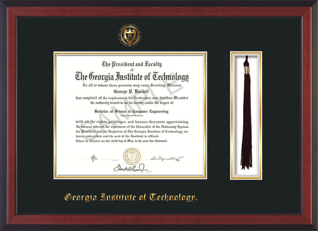 Image of Georgia Tech Diploma Frame - Cherry Reverse - w/Embossed Seal & Name - Tassel Holder - Black on Gold Mat