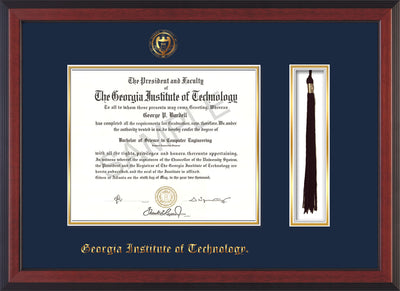 Image of Georgia Tech Diploma Frame - Cherry Reverse - w/Embossed Seal & Name - Tassel Holder - Navy on Gold Mat
