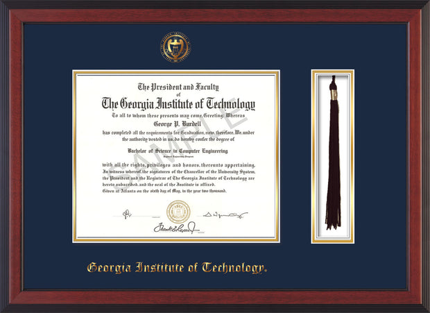 Image of Georgia Tech Diploma Frame - Cherry Reverse - w/Embossed Seal & Name - Tassel Holder - Navy on Gold Mat