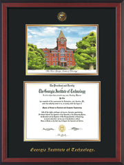 Image of Georgia Tech Diploma Frame - Cherry Reverse - w/Embossed GT Seal & Name - w/Campus Watercolor - Black on Gold mat