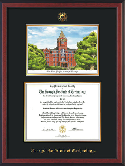 Image of Georgia Tech Diploma Frame - Cherry Reverse - w/Embossed GT Seal & Name - w/Campus Watercolor - Black on Gold mat