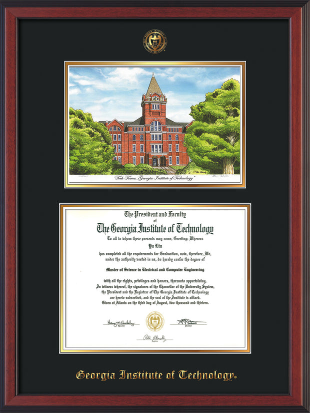 Image of Georgia Tech Diploma Frame - Cherry Reverse - w/Embossed GT Seal & Name - w/Campus Watercolor - Black on Gold mat