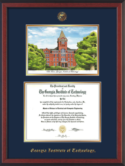 Image of Georgia Tech Diploma Frame - Cherry Reverse - w/Embossed GT Seal & Name - w/Campus Watercolor - Navy on Gold mat