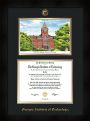 Image of Georgia Tech Diploma Frame - Flat Matte Black - w/Embossed GT Seal & Name - w/Campus Watercolor - Black on Gold mat