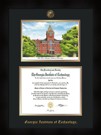 Image of Georgia Tech Diploma Frame - Flat Matte Black - w/Embossed GT Seal & Name - w/Campus Watercolor - Black on Gold mat