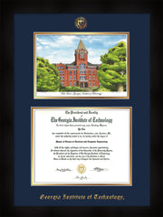 Image of Georgia Tech Diploma Frame - Flat Matte Black - w/Embossed GT Seal & Name - w/Campus Watercolor - Navy on Gold mat
