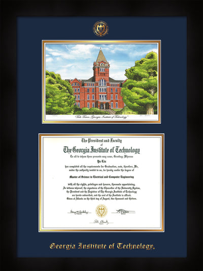 Image of Georgia Tech Diploma Frame - Flat Matte Black - w/Embossed GT Seal & Name - w/Campus Watercolor - Navy on Gold mat