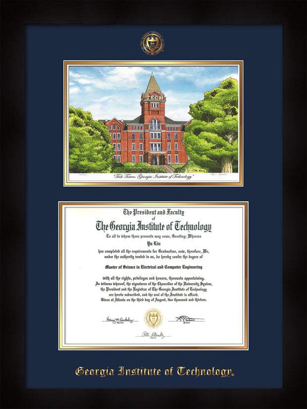 Image of Georgia Tech Diploma Frame - Flat Matte Black - w/Embossed GT Seal & Name - w/Campus Watercolor - Navy on Gold mat
