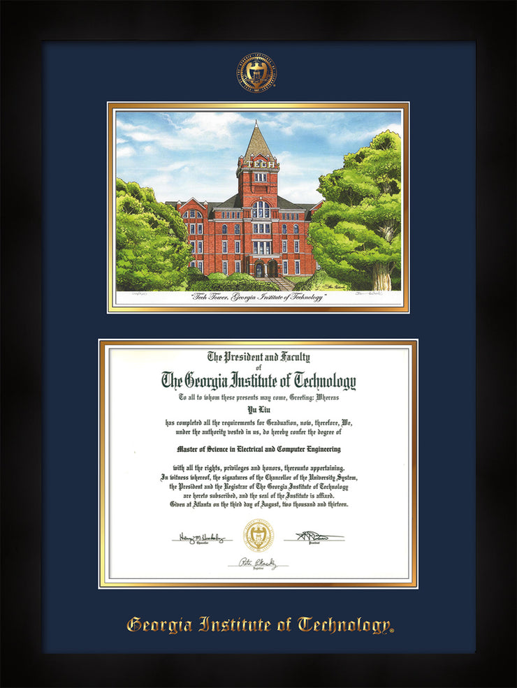 Image of Georgia Tech Diploma Frame - Flat Matte Black - w/Embossed GT Seal & Name - w/Campus Watercolor - Navy on Gold mat