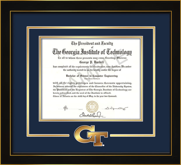 Image of Georgia Tech Diploma Frame - Honors Black Satin - w/3-D Laser GT Logo Cutout - Navy on Gold mat
