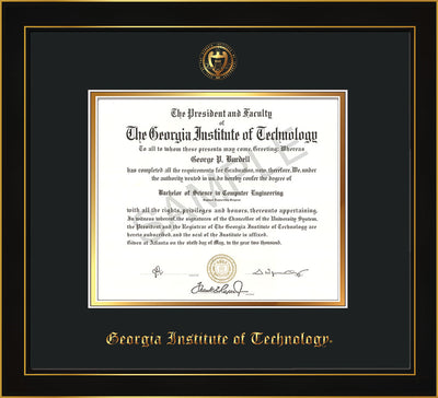 Image of Georgia Tech Diploma Frame - Honors Black Satin - w/Embossed Seal & Name - Black on Gold mat