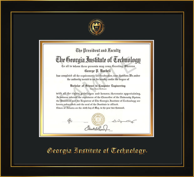 Image of Georgia Tech Diploma Frame - Honors Black Satin - w/Embossed Seal & Name - Black on Gold mat