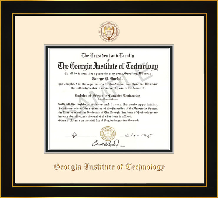 Image of Georgia Tech Diploma Frame - Honors Black Satin - w/Embossed Seal & Name - Cream on Black mat