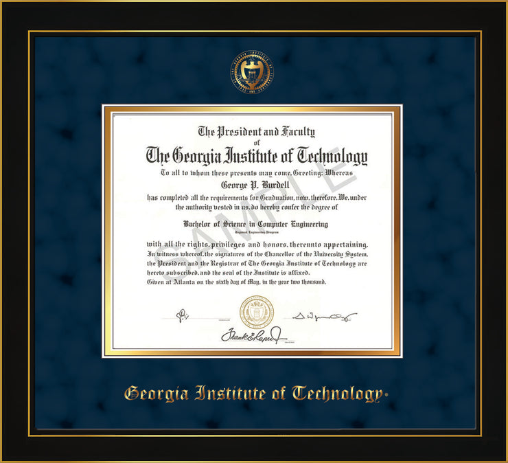 Image of Georgia Tech Diploma Frame - Honors Black Satin - w/Embossed Seal & Name - Navy Suede on Gold mat