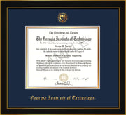 Image of Georgia Tech Diploma Frame - Honors Black Satin - w/Embossed Seal & Name - Navy on Gold mat