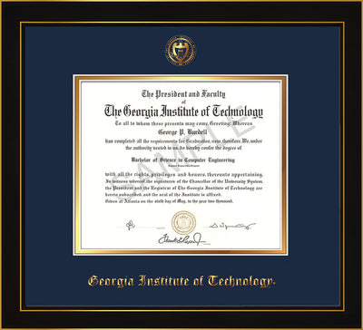 Image of Georgia Tech Diploma Frame - Honors Black Satin - w/Embossed Seal & Name - Navy on Gold mat