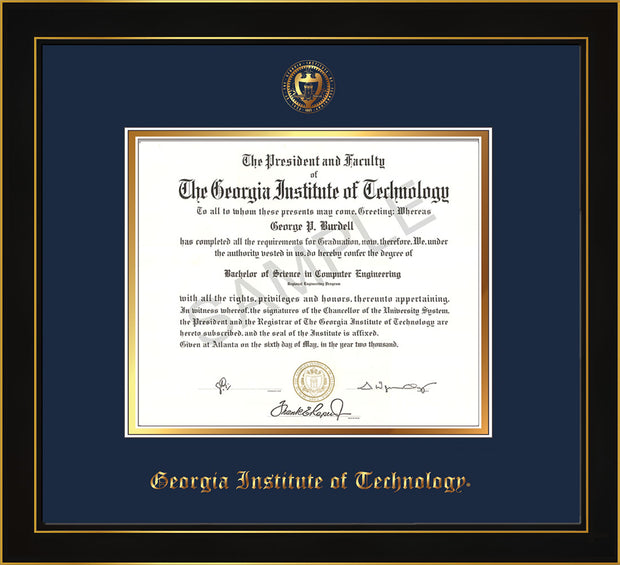 Image of Georgia Tech Diploma Frame - Honors Black Satin - w/Embossed Seal & Name - Navy on Gold mat