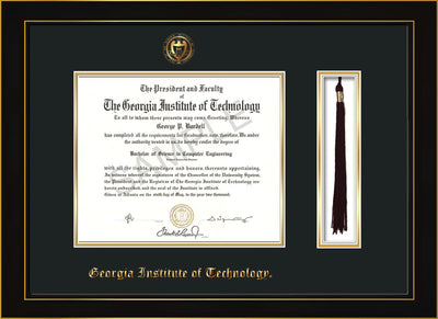 Image of Georgia Tech Diploma Frame - Honors Black Satin - w/Embossed Seal & Name - Tassel Holder - Black on Gold Mat