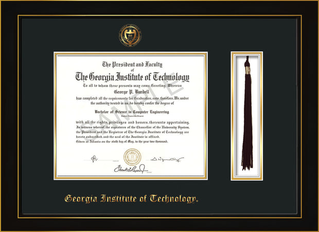 Image of Georgia Tech Diploma Frame - Honors Black Satin - w/Embossed Seal & Name - Tassel Holder - Black on Gold Mat