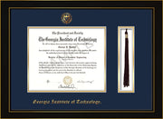 Image of Georgia Tech Diploma Frame - Honors Black Satin - w/Embossed Seal & Name - Tassel Holder - Navy on Gold Mat